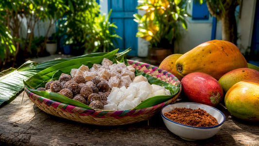 Colorful Caribbean candies on rustic table with tropical fruits