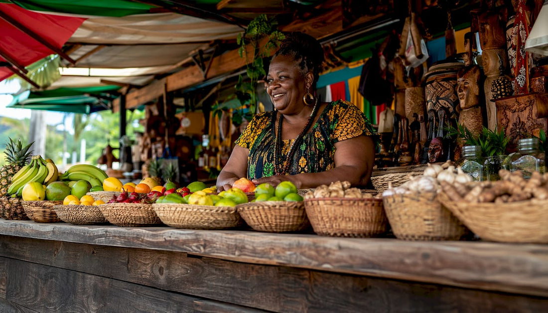 Caribbean store owner arranging goods