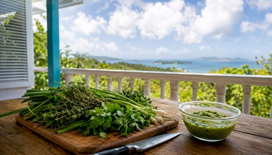 Fresh herbs and green seasoning paste on kitchen board