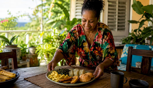 Woman preparing full Caribbean breakfast plate