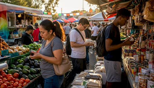 Shoppers browsing multicultural grocery store aisle