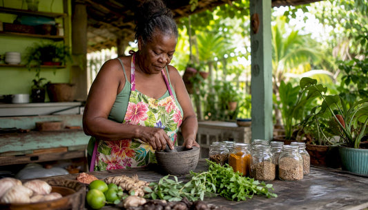 Woman preparing Caribbean spices in home kitchen