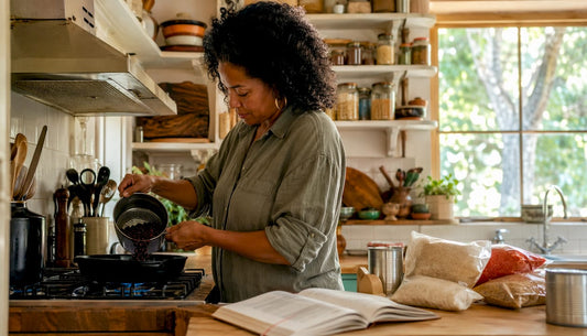 Woman cooking with pantry staples in kitchen