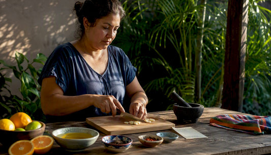 Home cook preparing mojo sauce ingredients