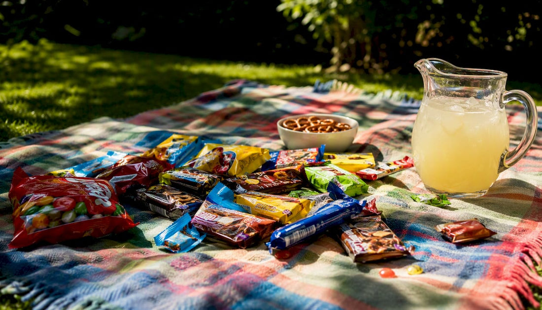 Variety of American candy brands spread on table
