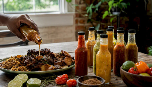 Pouring Caribbean hot sauce on plate