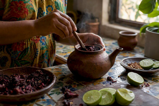 Pouring hot water over dried hibiscus petals