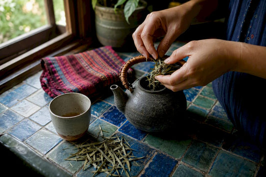 Hands pouring hot water over fever grass in teapot