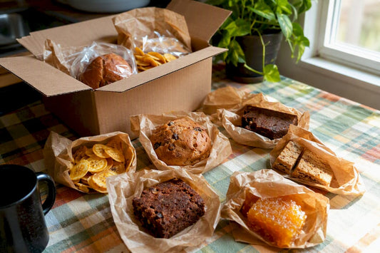 Open box of Jamaican snacks on kitchen counter