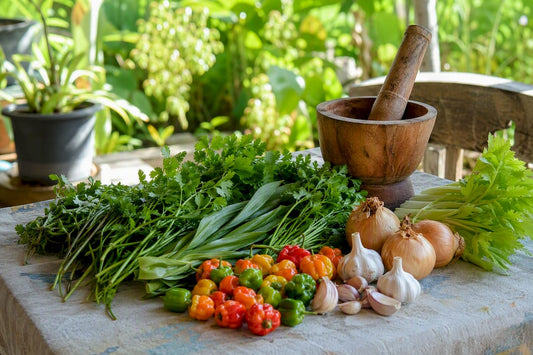 Fresh Caribbean herbs and peppers on kitchen counter