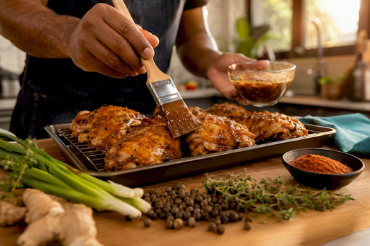 Cook brushing mild jerk marinade onto chicken
