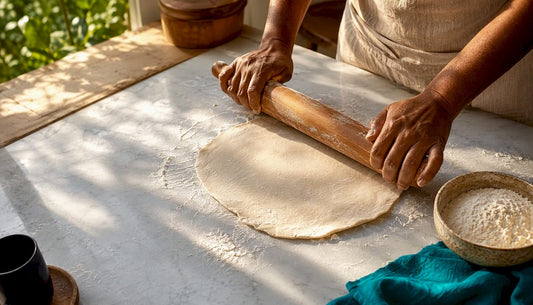 Hands rolling cassava flour flatbread dough