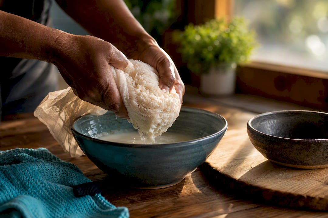 Hands pressing grated cassava for bammy