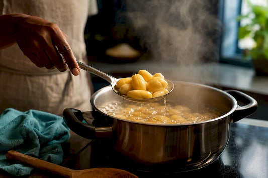 Hands lifting boiled ackee from pot