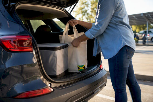 Reusable grocery bags loaded during curbside pickup