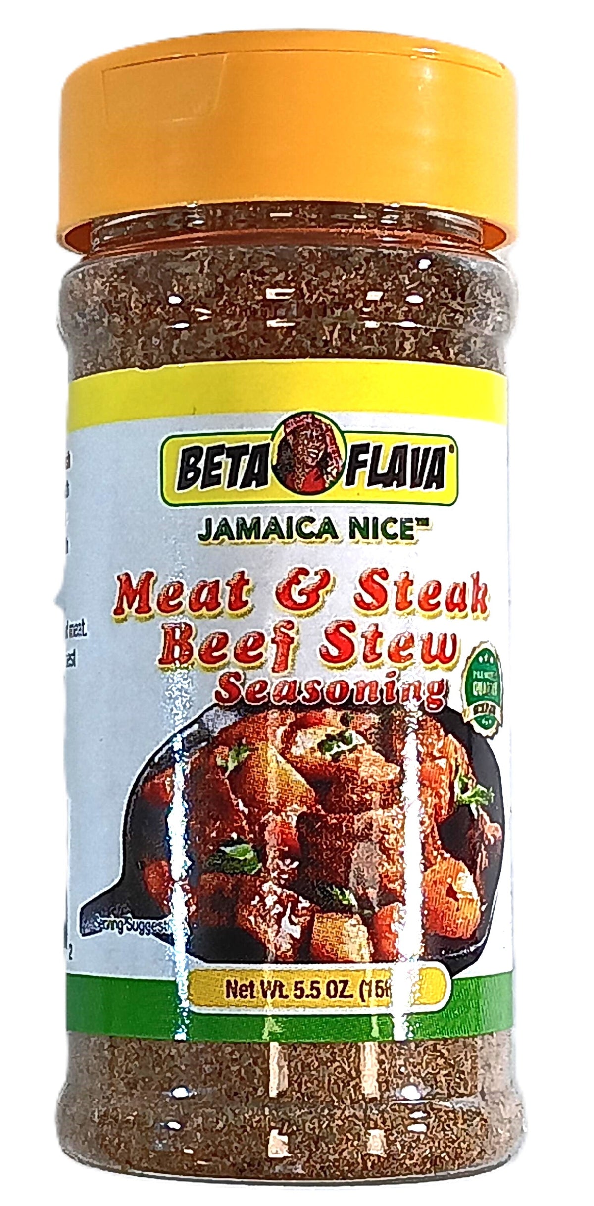 A bottle of Beta Flava Jamaica Nice Meat & Steak Beef Stew Seasoning, net weight 5.5 oz. The label features an image of seasoned beef stew with vegetables. The cap is orange.