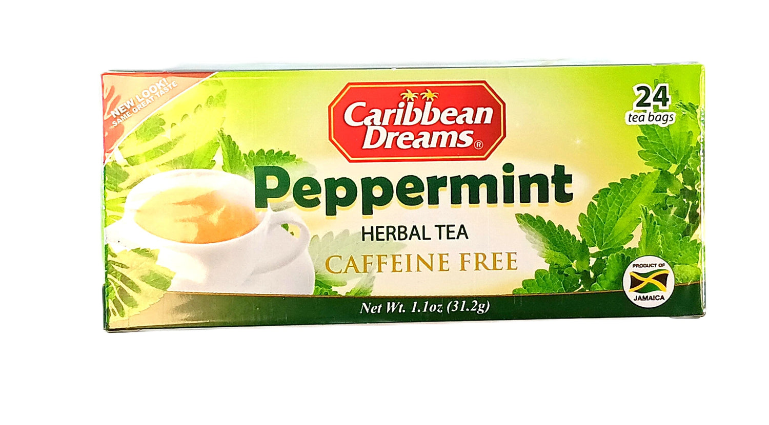 A box of Caribbean Dreams Peppermint herbal tea, caffeine-free, with 24 tea bags. The packaging features green peppermint leaves and a steaming cup of tea, labeled Product of Jamaica.