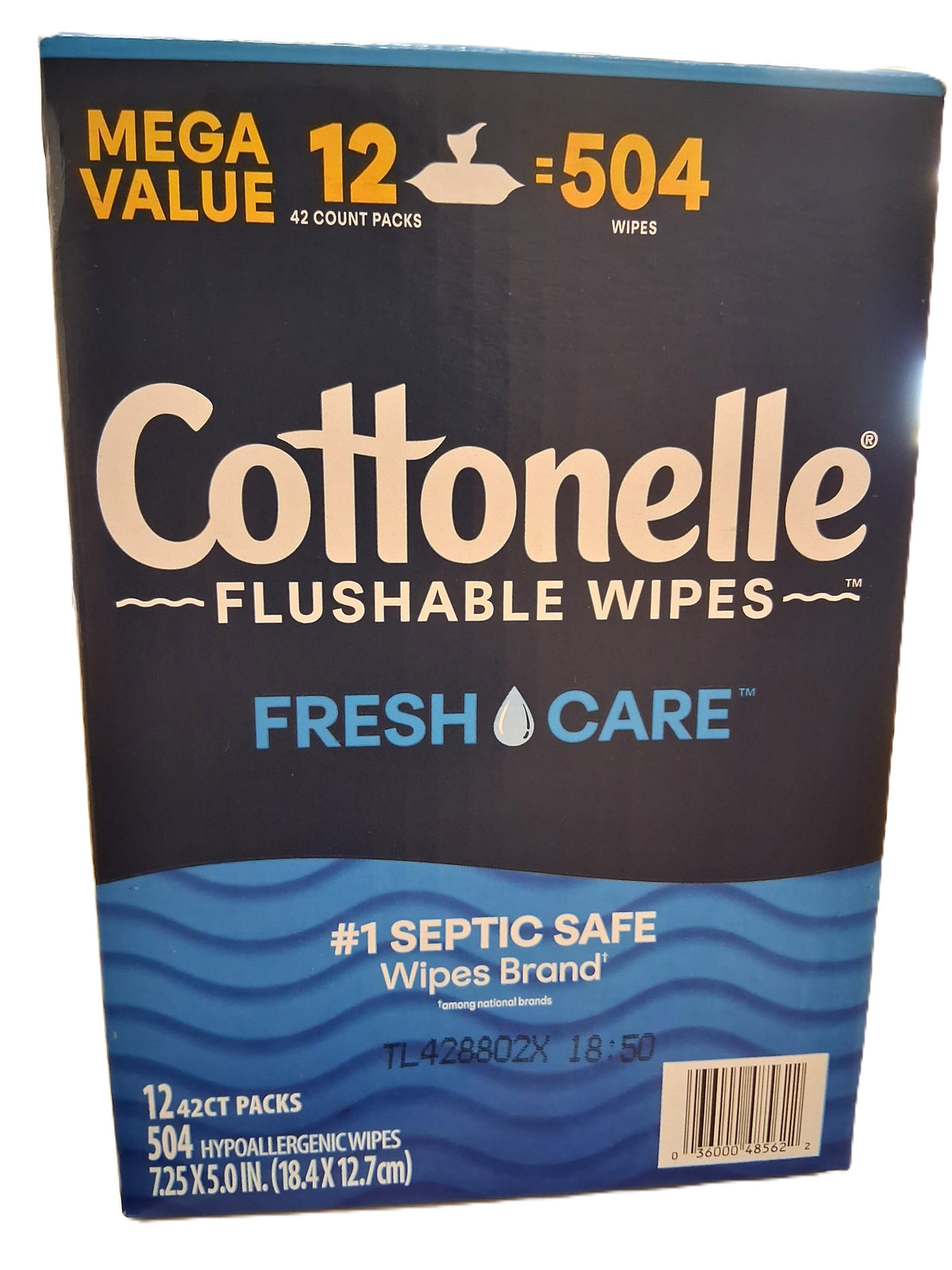 Box of Cottonelle Flushable Wipes labeled Mega Value, containing 12 packs of 42 wipes each, totaling 504 hypoallergenic wipes. The packaging highlights Fresh Care and being #1 Septic Safe wipes brand.