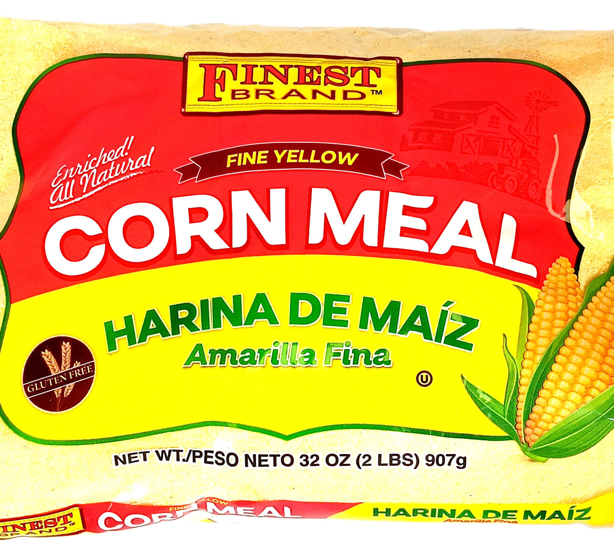 A 32 oz package of Finest Brand cornmeal, labeled Fine Yellow Corn Meal. It features Harina de Maíz Amarilla Fina in Spanish, with icons indicating its gluten-free and all-natural.