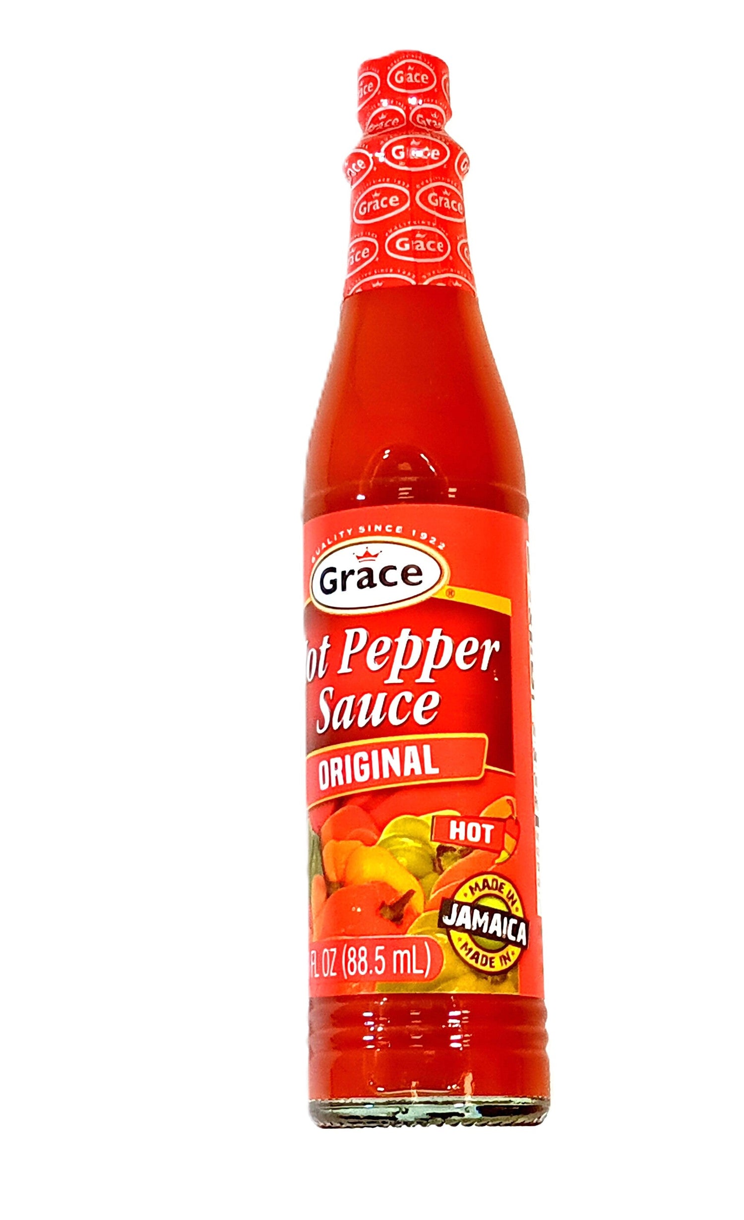 A bottle of Grace Hot Pepper Sauce, labeled Original, with a red cap. The label features images of peppers and a Made in Jamaica sticker. The bottle is 10 oz (88.5 mL).