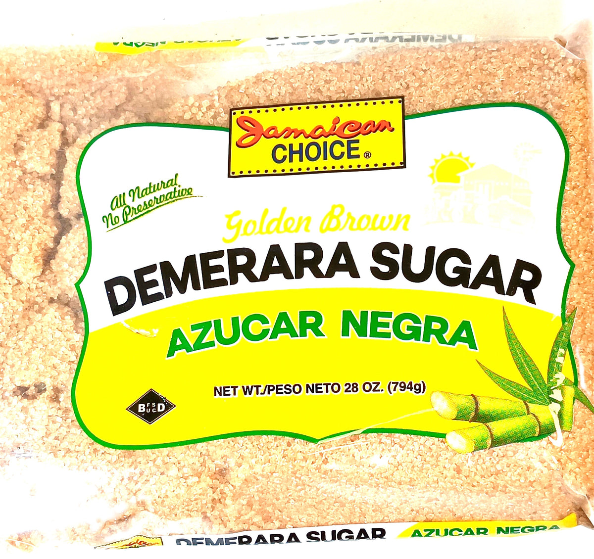 A package of Demerara sugar labeled Jamaican Choice, featuring green sugarcane illustrations. The text includes Golden Brown and Azucar Negra with the net weight of 28 oz (794g).