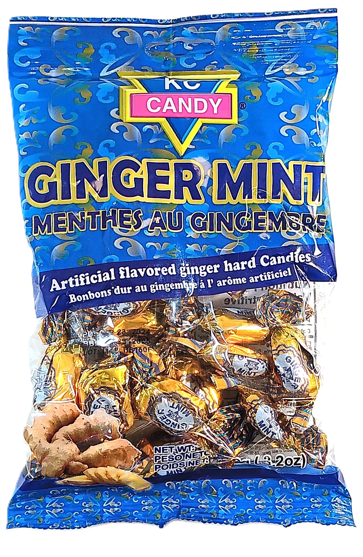 A blue and gold bag of ginger mint hard candies with colorful swirling designs. The text on the bag reads Ginger Mint and Artificial flavored ginger hard candies. Contains wrapped candies.