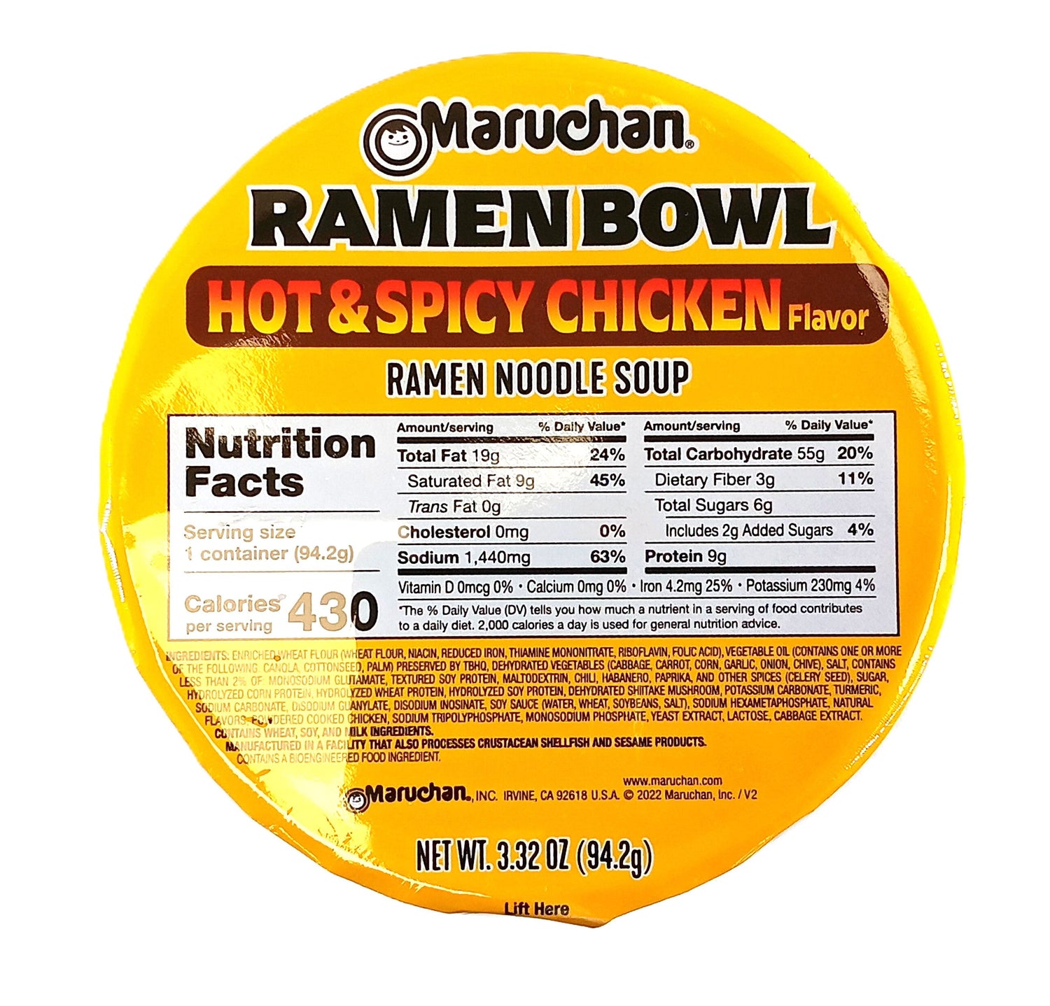 Maruchan Ramen Bowl packaging for Hot & Spicy Chicken flavor. Shows nutrition facts, including 430 calories per serving. Bright yellow background with red and black text. Net weight: 3.32 oz (94.2g).