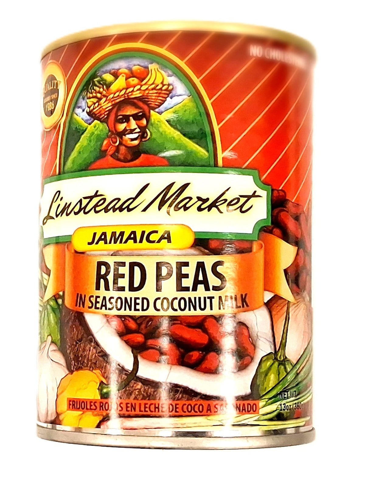 Tin can of Linstead Market Jamaica Red Peas in Seasoned Coconut Milk. The label features an illustration of a woman with a fruit basket on her head, surrounded by peas and coconut imagery.