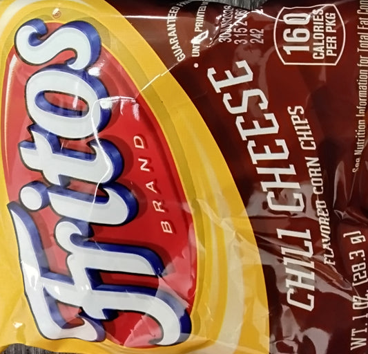 A close-up of a TOJ EXPRESS Fritos Chili Cheese 1 oz bag, featuring the logo, chili cheese flavor name, and 160 calories per package on a yellow, red, and brown background.