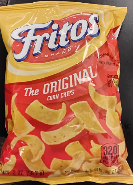 A 2 oz (56.7g) bag of Fritos from TOJ EXPRESS, with yellow and red packaging, contains 320 calories per serving and features crunchy corn chips.