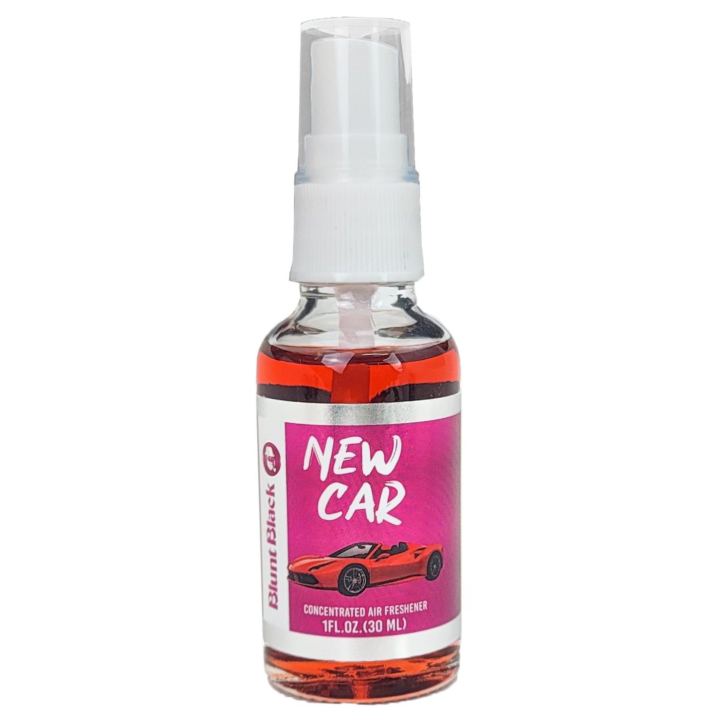 A compact spray bottle from TOJ EXPRESS, labeled Blunt Black Air Freshener - New Car, contains red liquid and features a sports car image on the label. It is marked as Concentrated Air Freshener, 1 FL OZ (30 ML), Burnt Block. This potent air freshener infuses your space with a signature new car scent while helping to neutralize odors for a long-lasting, fresh interior.