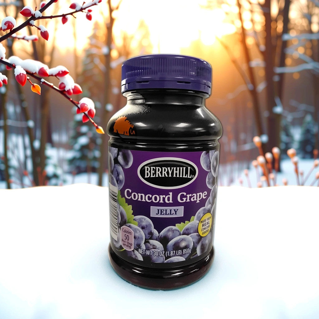 A jar of TOJ EXPRESS Berryhill Concord Grape sits on snowy ground, framed by a sunrise over a wintry forest. Its purple label features Concord grapes, reflecting fruity goodness and nutrition details.