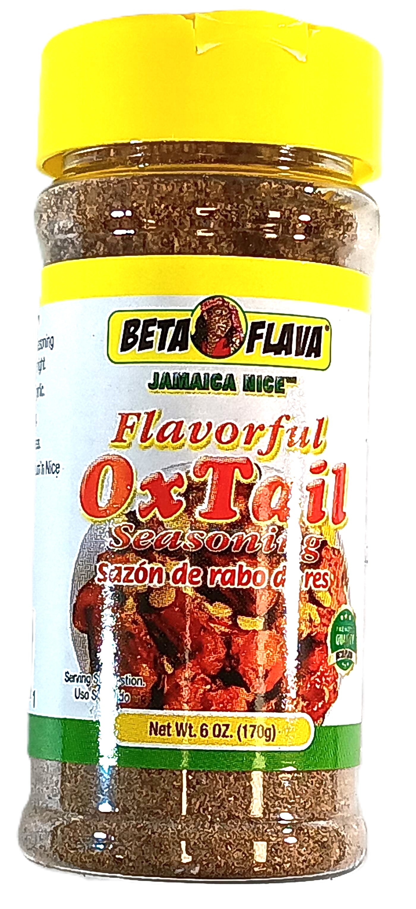 A 6 oz (170g) jar of TOJ EXPRESS BETA FLAVA Oxtail Seasonings, labeled with Jamaica Nice and Sazón de rabo de res. Packed with a flavorful blend of herbs and spices, it features an image of seasoned oxtail, ideal for enhancing your oxtail dishes.