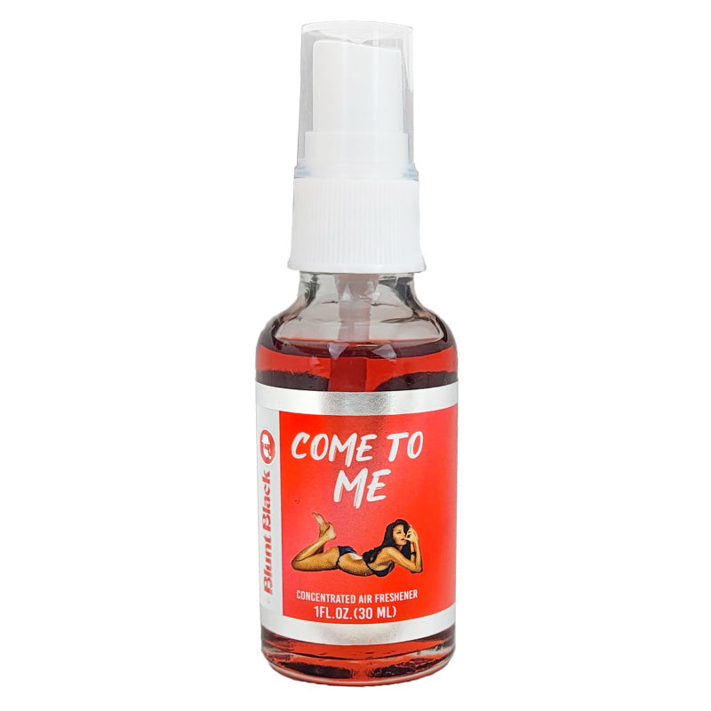 A 1 fl. oz. concentrated air freshener spray bottle from TOJ EXPRESS, labeled "Blunt Black Air Freshener - Come To Me," featuring an illustration of a woman lying down, a white pump, and a red label.