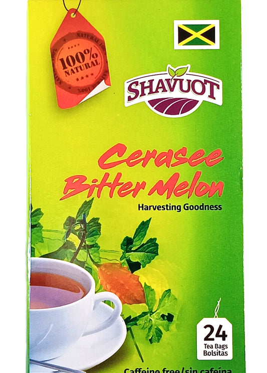 The Shavot-Cerasse Tea box from TOJ EXPRESS showcases a steaming cup, the Jamaican flag, and a 100% Natural label. It promotes immune-boosting benefits with 24 caffeine-free, anti-inflammatory sachets.