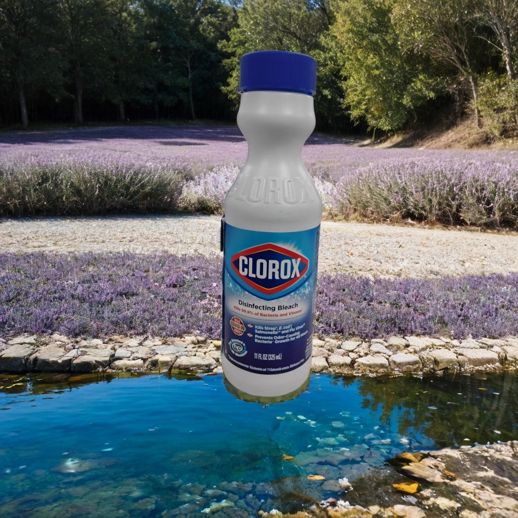A bottle of TOJ EXPRESS Clorox Bleach, recognized for powerful cleaning and stain removal, is digitally placed above a pond in a field of blooming lavender with trees in the background.