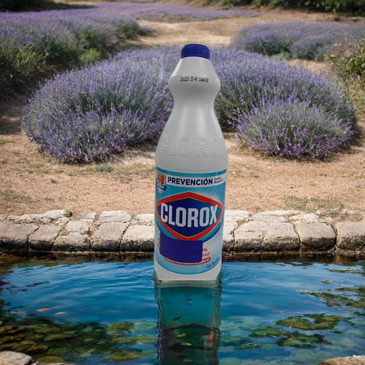 A 31.45 oz bottle of TOJ EXPRESS Clorox Bleach stands upright in a small pond with stone edging, lavender bushes, and a dirt path—a trusted laundry bleach featured in a peaceful garden scene.