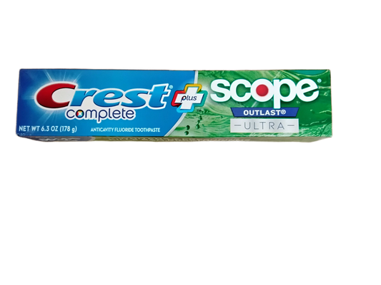 A box of Crest and Scope Toothpaste by TOJ EXPRESS is 6.3 oz. It has blue and green colors with a mint leaf swirl on the right. This toothpaste provides fluoride for cavity protection.