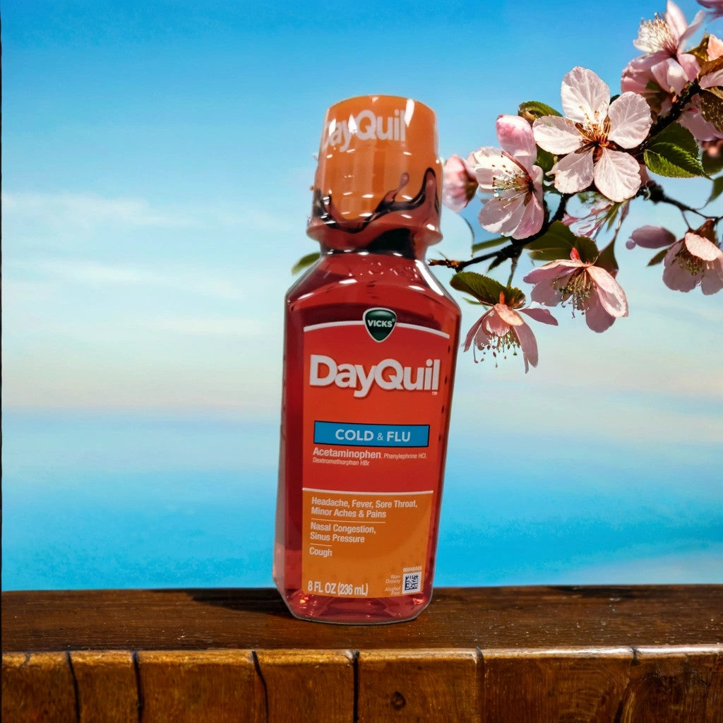 A bottle of TOJ EXPRESS DayQuil rests on a wooden surface, surrounded by pink cherry blossoms and set against a bright blue sky.