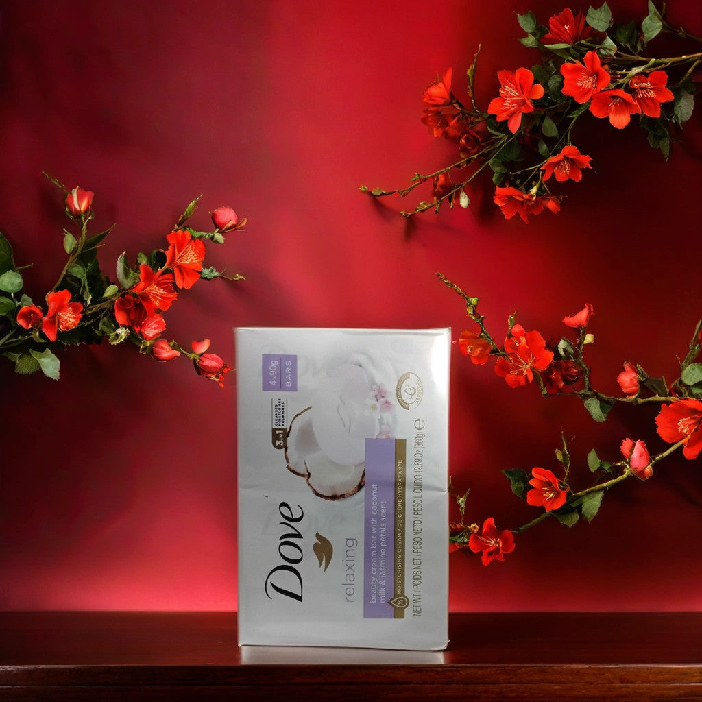 A TOJ EXPRESS Dove Bar Soap (relaxing) package is shown on a red background with decorative red flowers, emphasizing its gentle formula for soft skin.