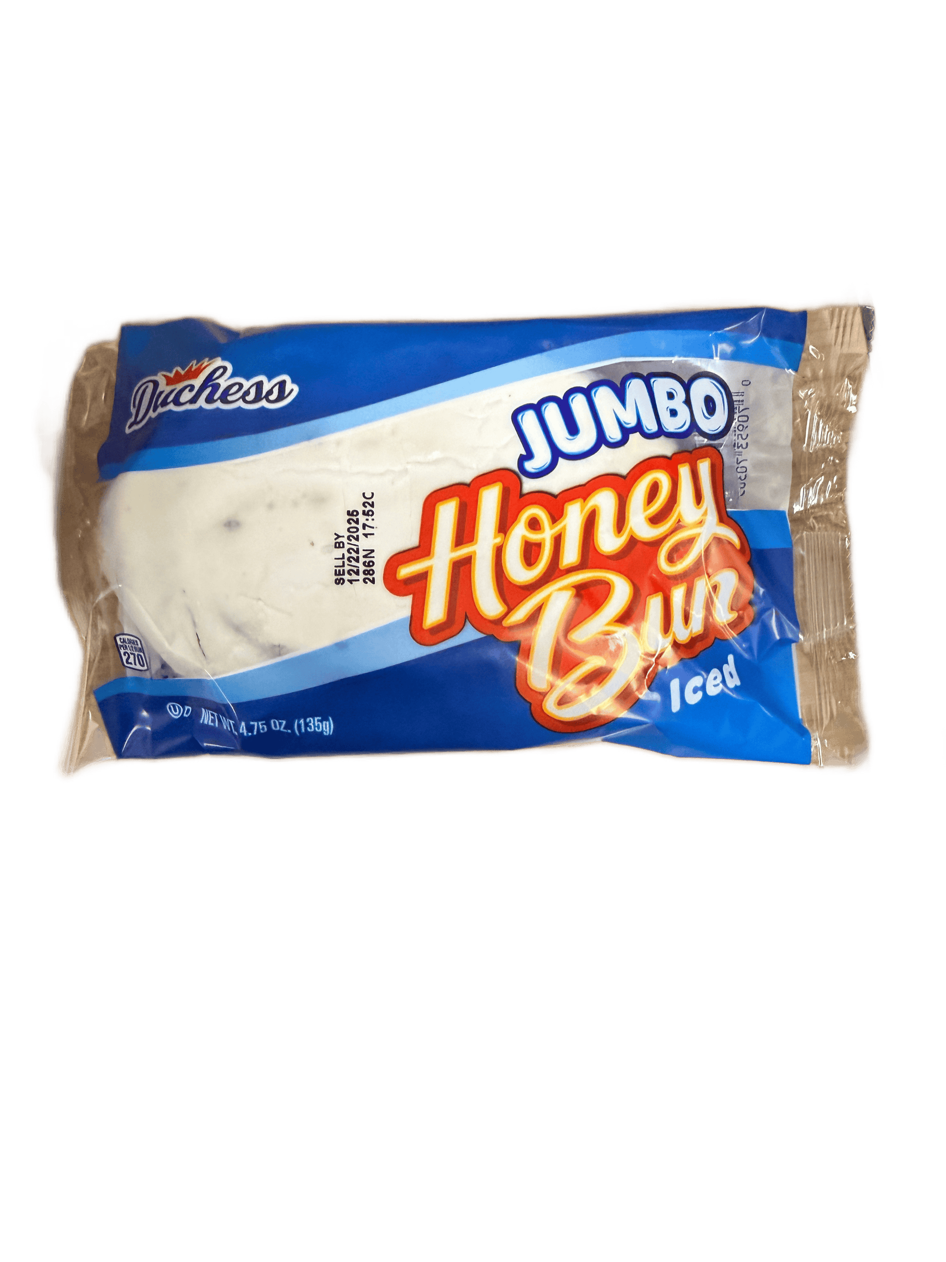 Packaged jumbo honey bun with blue and red label on a white background