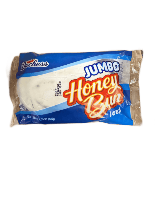 Packaged jumbo honey bun with blue and red label on a white background