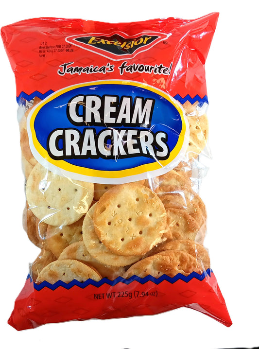 A red and blue package of Excelsior Cream Crackers, labeled Jamaicas favourite! The bag contains round crackers, and the net weight is 225g (7.94 oz).