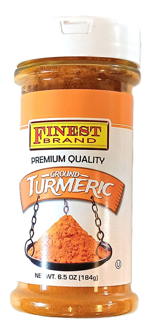 A clear plastic jar of Finest Brand ground turmeric with an orange label displaying Premium Quality. It shows a graphic of turmeric powder on a swing. The container holds 6.5 oz (184g) of the spice.