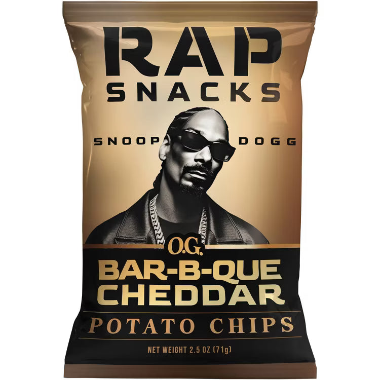 A bag of TOJ EXPRESS Rap Snacks Snoop Dogg BBQ Cheddar Potato Chips with a black-and-white image of Snoop Dogg in sunglasses and a chain, plus his name above the photo.