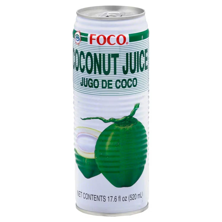 A 17.6 fl oz (520 mL) can of Large Foco Coconut Water from TOJ EXPRESS, displaying an image of a green coconut and its white interior, provides natural hydration with essential electrolytes. The label also includes "Jugo de Coco.