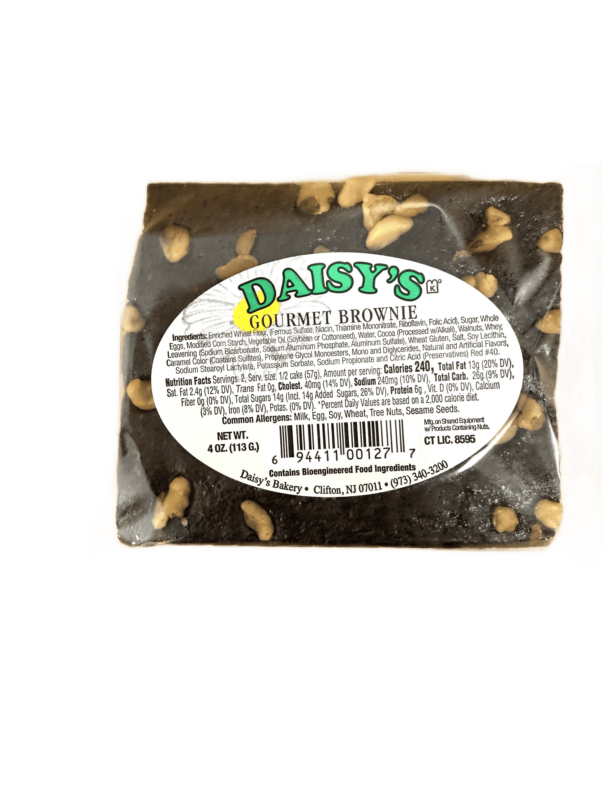 Packaged Daisy's Gourmet Brownie with visible label on a green background