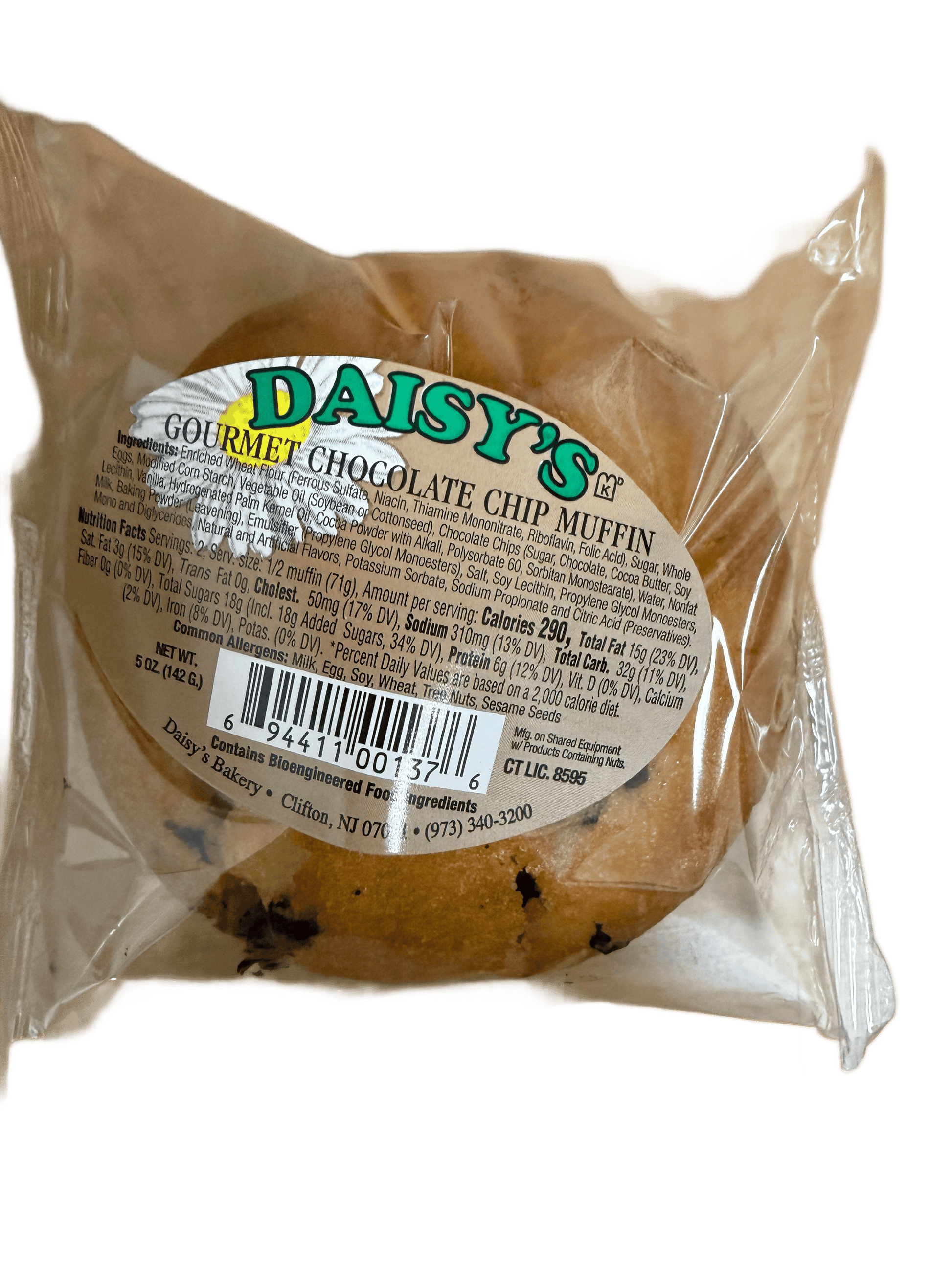A TOJ EXPRESS Daisy's Gourmet Chocolate Chip Muffin comes wrapped in clear plastic with a round label displaying the brand, product name, nutrition facts, ingredients, and barcode. Packed with chocolate chips, it's an ideal breakfast treat.