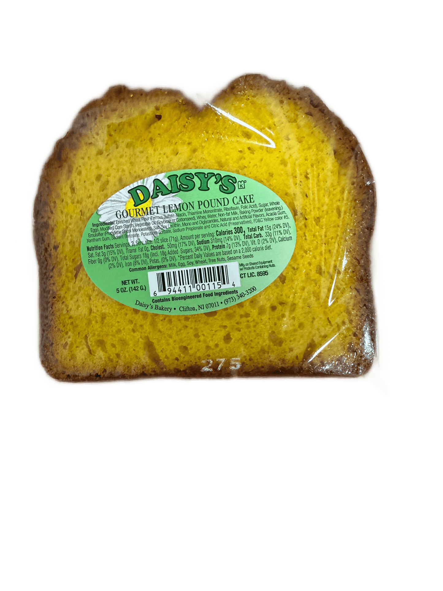 A slice of Daisy's Gourmet Lemon Pound Cake by TOJ EXPRESS is packaged in clear plastic with a green label displaying the product name, ingredients, nutrition facts, and barcode.