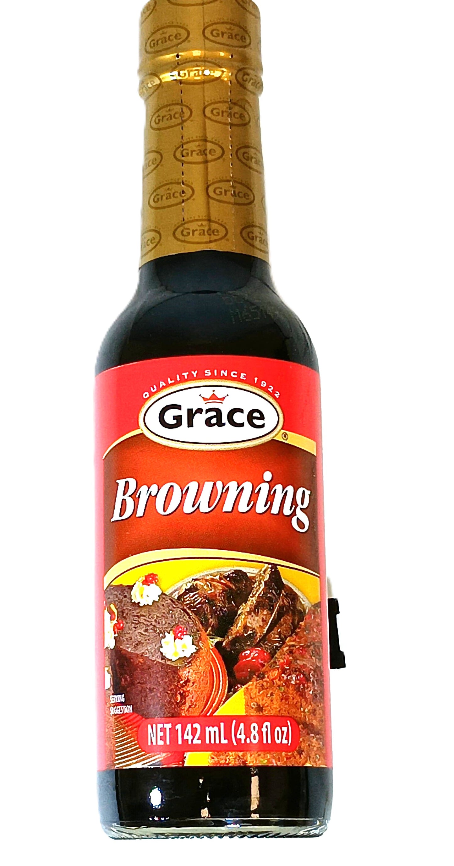 A bottle of high-quality Grace Browning sauce from TOJ EXPRESS, perfect for baking, features a gold cap, red label with cooked meat images, prominently displaying Grace Browning, and has a volume of 142 mL (4.8 fl oz).